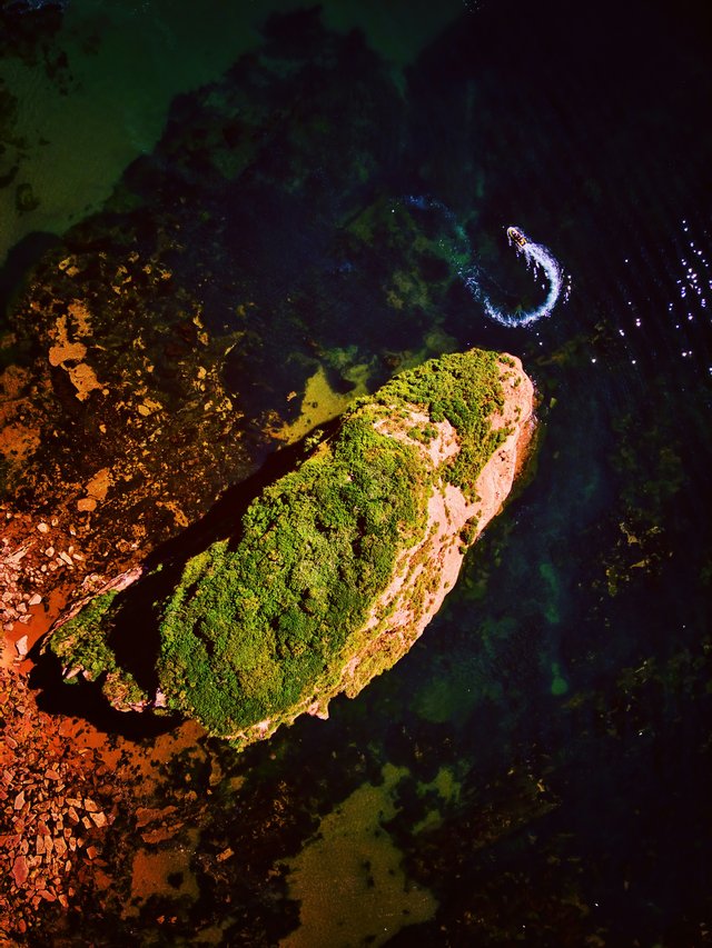 Vista aérea de islote con iguana marina en Galápagos