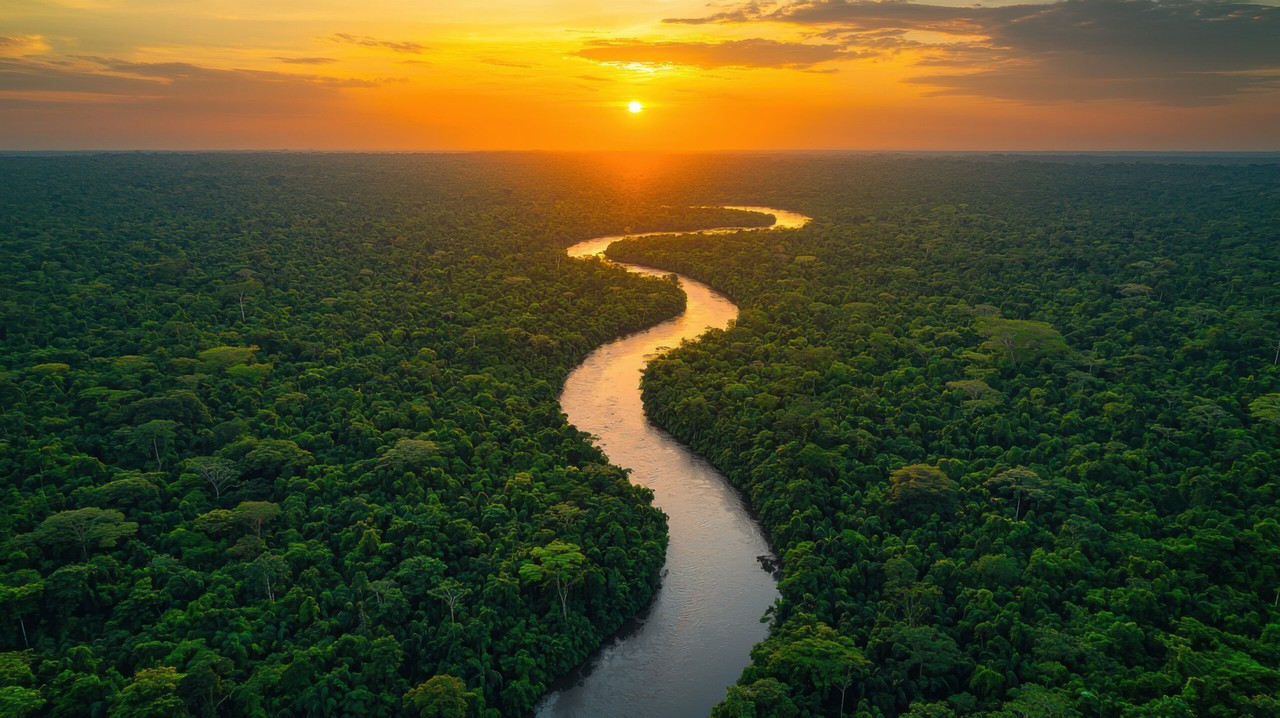 Río Amazonas serpenteante al atardecer en la selva ecuatoriana
