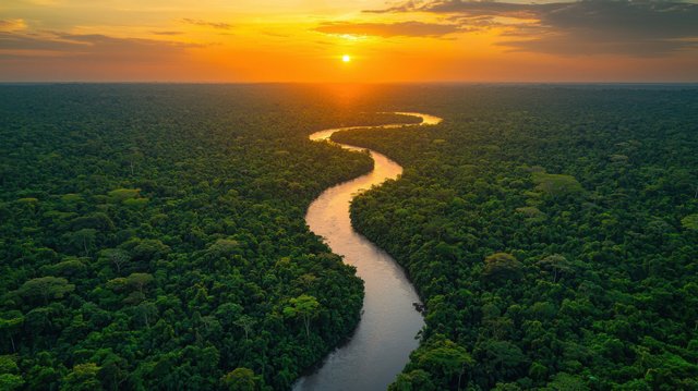 Río Amazonas serpenteante al atardecer en la selva ecuatoriana