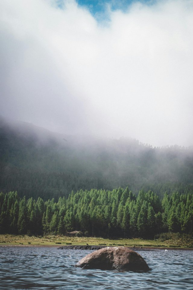 Lago de montaña cubierto de niebla en los Andes ecuatorianos