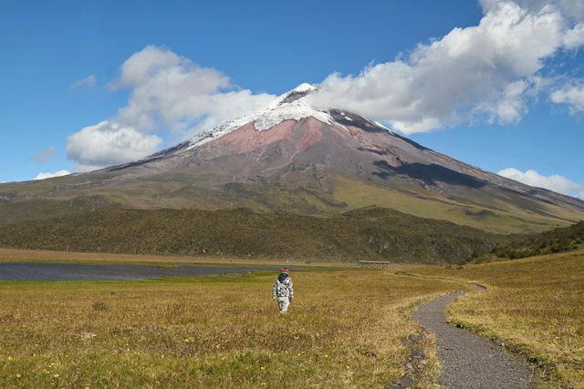 Caminante en el Parque Nacional Cotopaxi con el volcán Cotopaxi al fondo