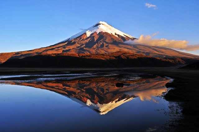Volcán Cotopaxi reflejado en laguna ecuatoriana al atardecer