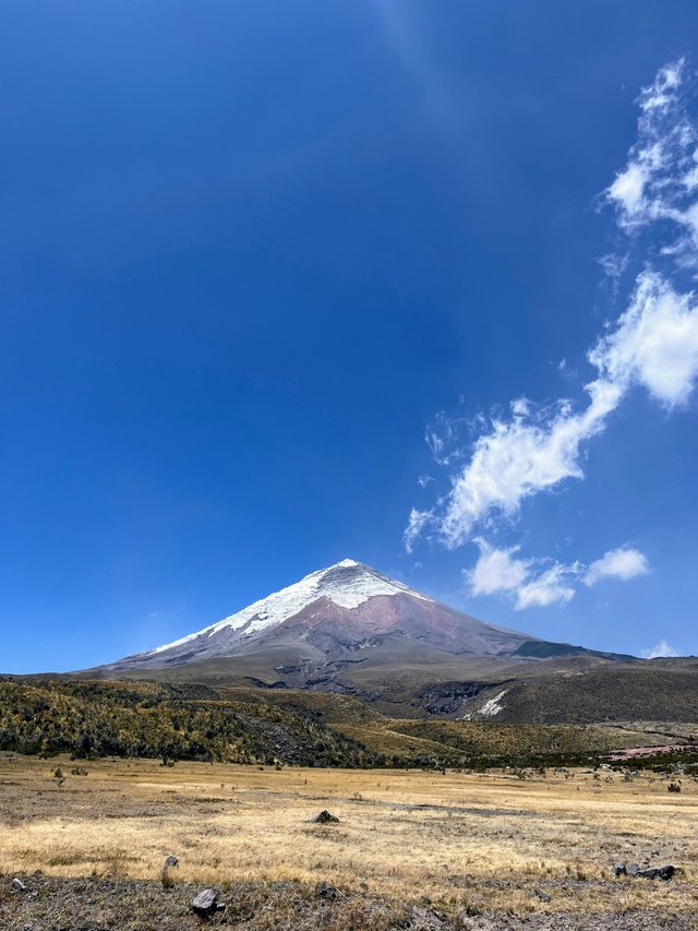 Volcán Cotopaxi con nieve perpetua bajo cielo despejado